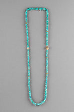 Load image into Gallery viewer, Unique deep turquoise blue Navajo&#39;s Sleeping Beuaty necklace sautoir with yellow gold plated braas cube beads
