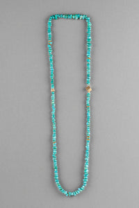Unique deep turquoise blue Navajo's Sleeping Beuaty necklace sautoir with yellow gold plated braas cube beads